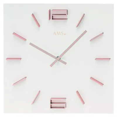 Produktbild von AMS W9592 Wanduhr weiß lackiert mit aufgesetzten rosafarbenen Aluminium-Ziffern