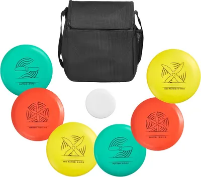 Immagine prodotto di Set da disc golf - Set di avviamento al disc golf - Con 6 dischi + mini marcatore - Putter, Midrange, Driver - Zaino incluso - Per principianti - Per giardino, spiaggia, parco