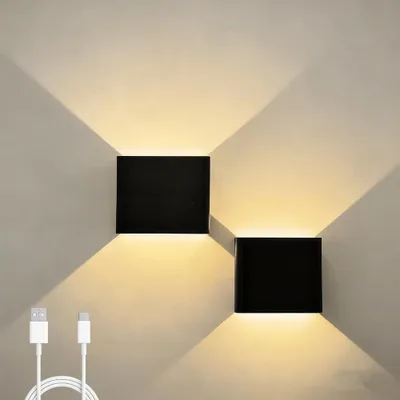 Produktbild von LED Wandleuchte - Kubus 2er Set - Kabellos - Wiederaufladbar - PIR Bewegungssensor - Stufenlos Dimmbar - Up/Down-Licht - Magnetisch - Schwarz/Weiß