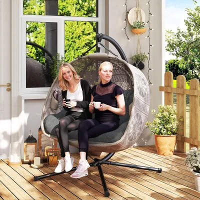 Produktbild von SUGIFT Eiförmige Hängeschaukel klappbar, Hängesessel mit Gestell für 2 Personen, Schaukelsessel Eiersessel, Sand-Schwarz | bis 240 kg | 132x126x172 cm