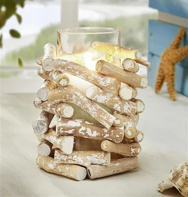 Image de Photophore "Maritima" en bois & verre, hauteur 18 cm, bougeoir maritime, vase, vase à fleurs, photophore en verre