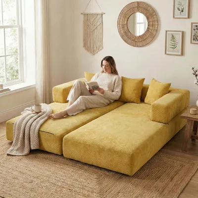 A woman is reading a book on a modular yellow sofa in a living room.