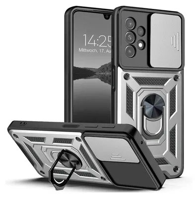 A phone case with a built-in camera cover and ring stand, shown from multiple angles.