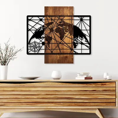 Image de Wallity, World Map 5-M, Accessoire mural décoratif en bois, 100 % BOIS / MÉTAL, noyer, 57 x 64 cm