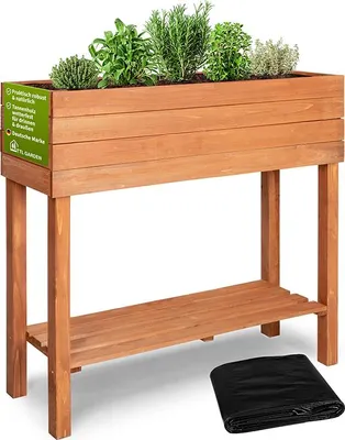 Produktbild von TTL GARDEN Balkon Hochbeet S 80x30x80 cm – Holz Pflanzkasten mit Ablage & Folie braun