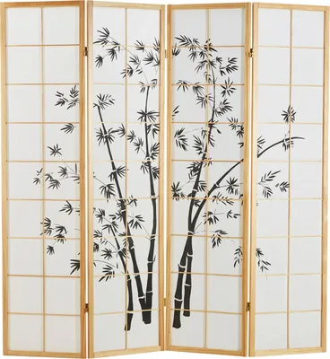 Image de 4 pan Paravent bois avec dessin sombre bambou en nature