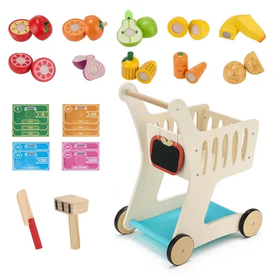 Produktbild von VEVOR Einkaufswagen für Kinder, Einkaufswagen Supermarkt Spielzeug mit Spiel-Lebensmittel Scanner & Spielmünzen, Rollenspiel-Spielzeug aus Holz mit Rollen, Kaufmannsladen Lernspielzeug für Kinder ab 3