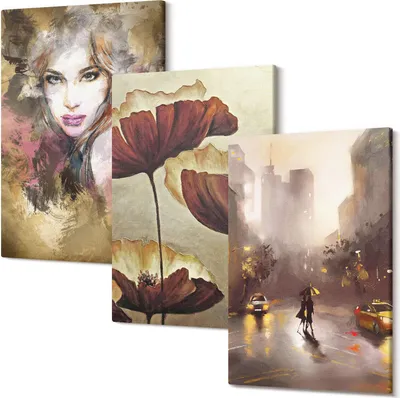Produktbild von Wandbild – Leinwandbild – Leinwandbilder – Polycanvas – Kunstdruck – Modern – Panorama – Mehrteilig – 3-Teilig Set – Hochwertig – Lichtecht – Geruchslos – 20x30 Cm Je Element - Abstraktes Porträt einer Frau, Blumen, Stadt im Regen