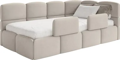 Produktbild von Selsey Cloudy – Kinderbett 120x200, Kopfteil rechts, Matratze & Bettkasten, Samt Hellbeige