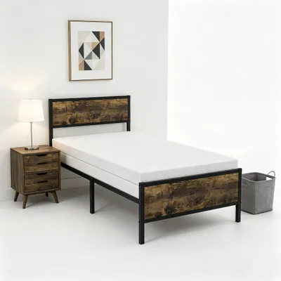Produktbild von Metallbett 90x200 mit Matratze, 20cm Kaltschaummatratze H3 & Lattenrost Set, Industrial Design Retro, Schwarz/Braun