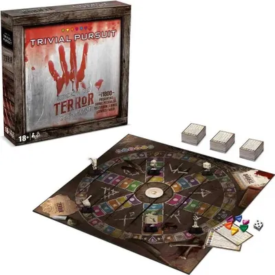 A Trivial Pursuit Horror Edition board game set, including the box and the game board with pieces.