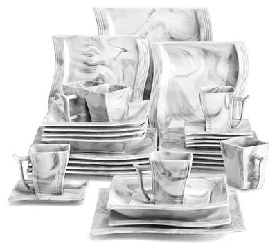 Produktbild von FLORA Geschirrset, 30-teiliges Marmor Teller Set für 6 Personen, Eckiges Geschirr Set aus Porzellan inkl. 6x Speiseteller, Dessertteller, Suppenteller, Kaffeetassen, Untertassen, Grau