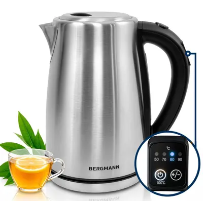 Zdjęcie produktu dla Czajnik Bergmann FR011 1,7L z regulacją temperatury 50-100°C, czajnik ze stali nierdzewnej z funkcją utrzymywania ciepła, srebrny 2200W