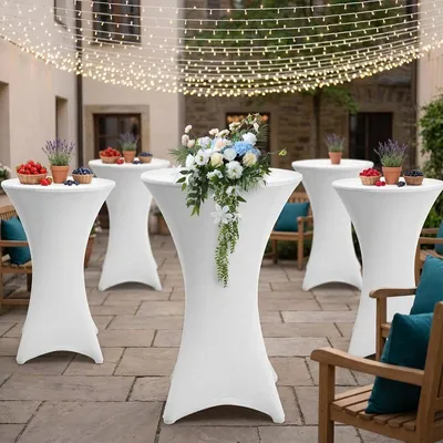 Immagine prodotto di Eikuavons, 5 copritavoli elasticizzati bianchi per tavoli alti da bistrot, ø 80×110 cm