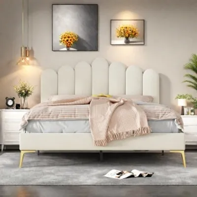 Obrázek produktu pro Čalouněná postel 140 x 200 cm, postel pro mládež, manželská postel s měkkým opěradlem, ploché lůžko s čalouněným rámem, lamelový rošt, samet, béžová barva