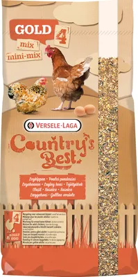 A bag of chicken feed with illustrations of chickens and eggs.