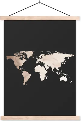 Produktbild von MuchoWow® Textilposter Weltkarte - Weiß - Schwarz 60x80 cm mit holzfarbenen Rahmen - Wandbild