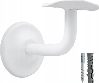 A white handrail bracket and mounting hardware are shown against a white background.