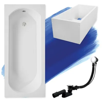 Zdjęcie produktu dla Wanna Akrylowa Zestaw 4w1 Prostokątna 150x75 Biała + Styropianowy Nośnik Stabilizujący, Nowoczesny Syfon i Nogi (stelaż) w komplecie | BADLAND INTRICA