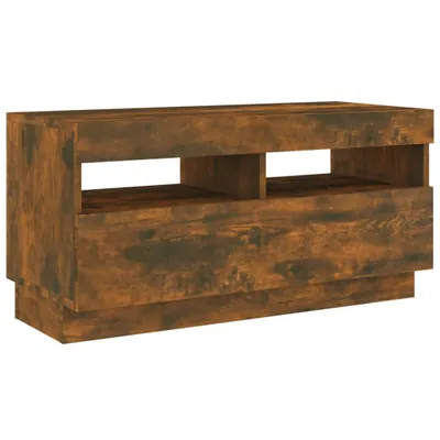 A wooden TV stand with two open shelves and a closed compartment below, presented against a white background.