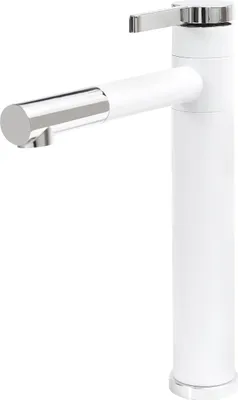 A white and silver faucet on a white background.