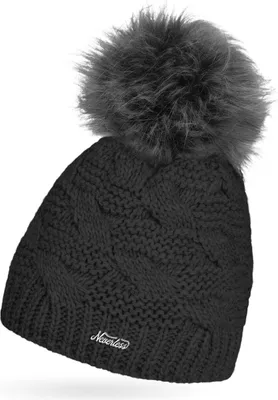 Produktbild von Damen Strick-Mütze Winter Grobstrick Gefüttert Fleece Fell-Bommel Kunstfell Bommelmütze Neverless® schwarz unisize