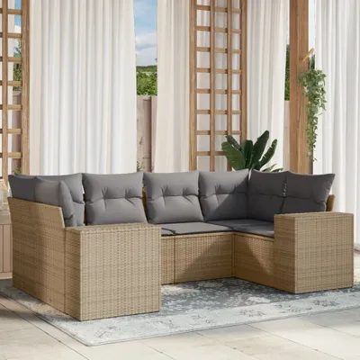 Produktbild von Design 6-tlg. Garten-Sofagarnitur mit Kissen Beige Poly Rattan, Gartenmöbel-Sets 2024 Neu
