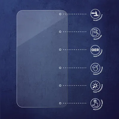 A clear protective film is shown against a textured dark blue background, with dotted lines connecting to icons and text describing its features.