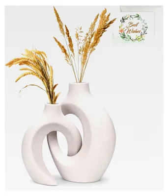 Produktbild von Weiße Keramikvase, Set mit 2 Pampasgrasvasen, moderne Keramik Deko Vase im Boho Nordic Minimalismus Stil
