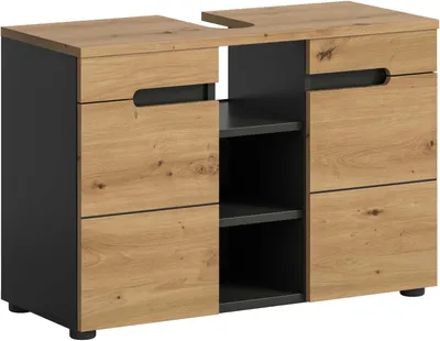 Produktbild von Canu Waschbeckenunterschrank 2 Türen, 3 Regale Eiche Nachbildung, grau.