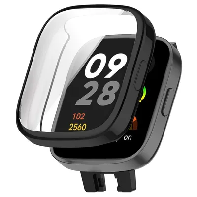 A close-up of a smartwatch with a protective case partially covering the screen.