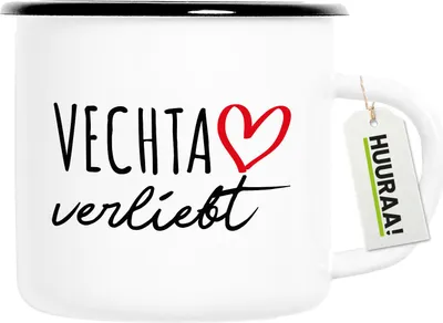 Produktbild von Huuraa Emaille Tasse Vechta verliebt 300ml Vintage Campingbecher Geschenkidee
