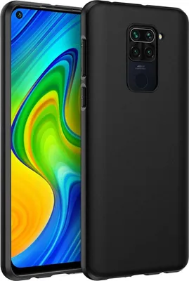 A black phone case is shown next to a smartphone with a colorful wallpaper.