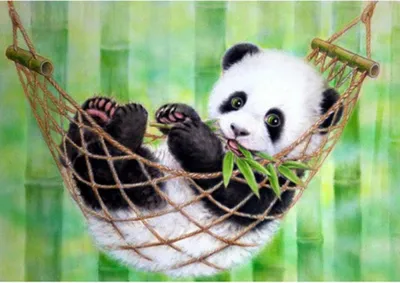 A painting of a panda in a hammock eating bamboo.