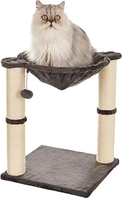 A cat sits on a cat tree with a hammock.