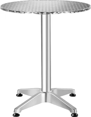 A silver round bar table with a textured top and a four-legged base with plastic feet, isolated on a white background.