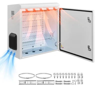 Obrázok produktu pre VEVOR, vodotesné elektrické puzdro IP65, rozvodná skrinka z pozinkovanej ocele s termostatom, ventilátorom a krytom proti dažďu, uzamykateľná vonkajšia rozvodná skrinka, rozmer 60 x 30 x 60 cm