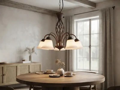 Produktbild von Pendelleuchte Landhausstil Rostoptik 5-flammig mit Glasschirmen Weiß & E14 LEDs