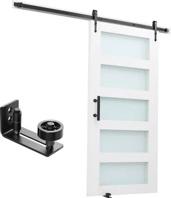 Produktbild von SucceBuy Schiebetür im Scheunenstil mit Schiebetürsystem (1067 x 2134 mm) aus robusten MDF-Platten und Milchglas, Tür mit Hardware-Kit, wasserabweisender PVC-Beschichtung und H-Rahmen – ideal für Badezimmer