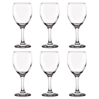 Six clear wine glasses arranged in two rows of three against a white background.