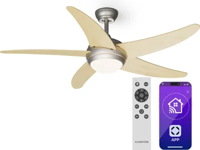 Image de Klarstein Bolero Ventilateur de Plafond avec Lumière & Télécommande – 132cm, 6 Vitesses, Silencieux, Modes Été & Hiver, Smart App, Design Moderne, Montage Flexible, Érable