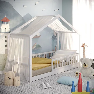 A child's bedroom with a house-shaped bed, decorated with a lighthouse and sea-themed wallpaper.