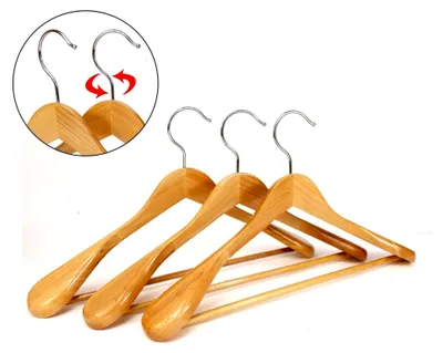 Produktbild von 6 Stück Kleiderbügel aus Holz mit rutschfestem Hosensteg Naturqualität (6 Stück Kleiderbügel mit Breiten Schulterkanten)