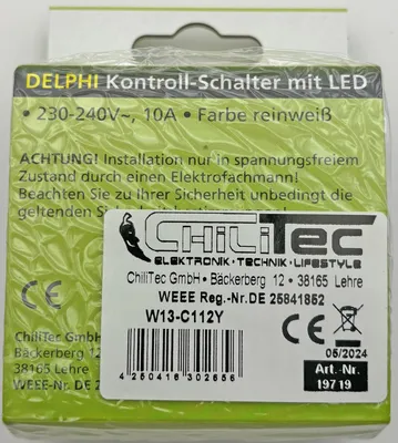 Image de ChiliTec DELPHI interrupteur de contrôle avec lampe 250V AC / 10A, incl. cadre, UP, blanc