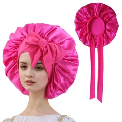 Image de Bonnet de nuit en satin pour femmes, réglable, élastique, doux pour la peau, couleur rose