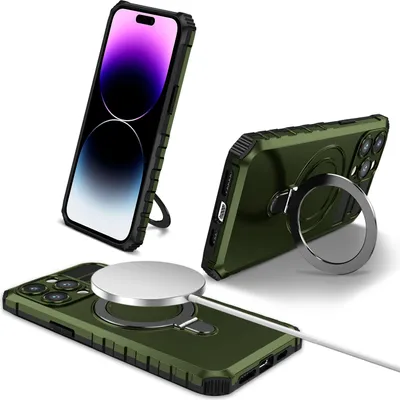 Obrázek produktu pro Pouzdro pro iPhone 15 Pro magnetické s MagSafe, držák prstenu, stojánek, dvouvrstvé ochranné pouzdro zelené