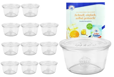Produktbild von 12er Set Weck Sturzgläser 290ml nieder, 1/5L Gläser mit 12 Glasdeckeln inkl. Rezeptheft