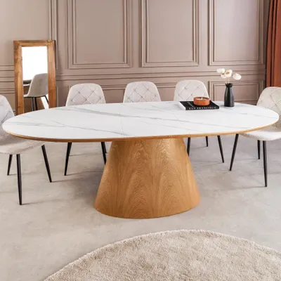 Produktbild von riess-ambiente Esstisch UNIQUE 160-200cm weiß natur Keramik Marmor Eichenholz oval ausziehbar 10 Personen