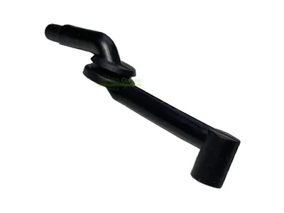 A black rubber hose with a bent end, isolated on a white background.