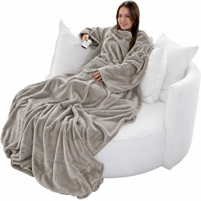 Produktbild von Unyqoos® TV-Decke mit Ärmeln – Kuscheldecke mit Kaschmir‑Feeling, Fußsack & 2 Taschen, taupe/grau, 150×180 cm oder 170×200 cm, 100% Polyester